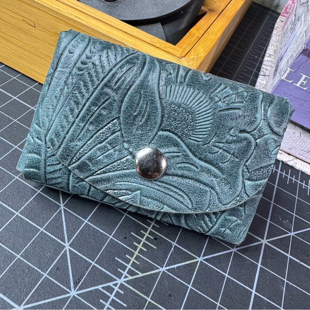 Limited availability Leather double stack card holder -embossed green